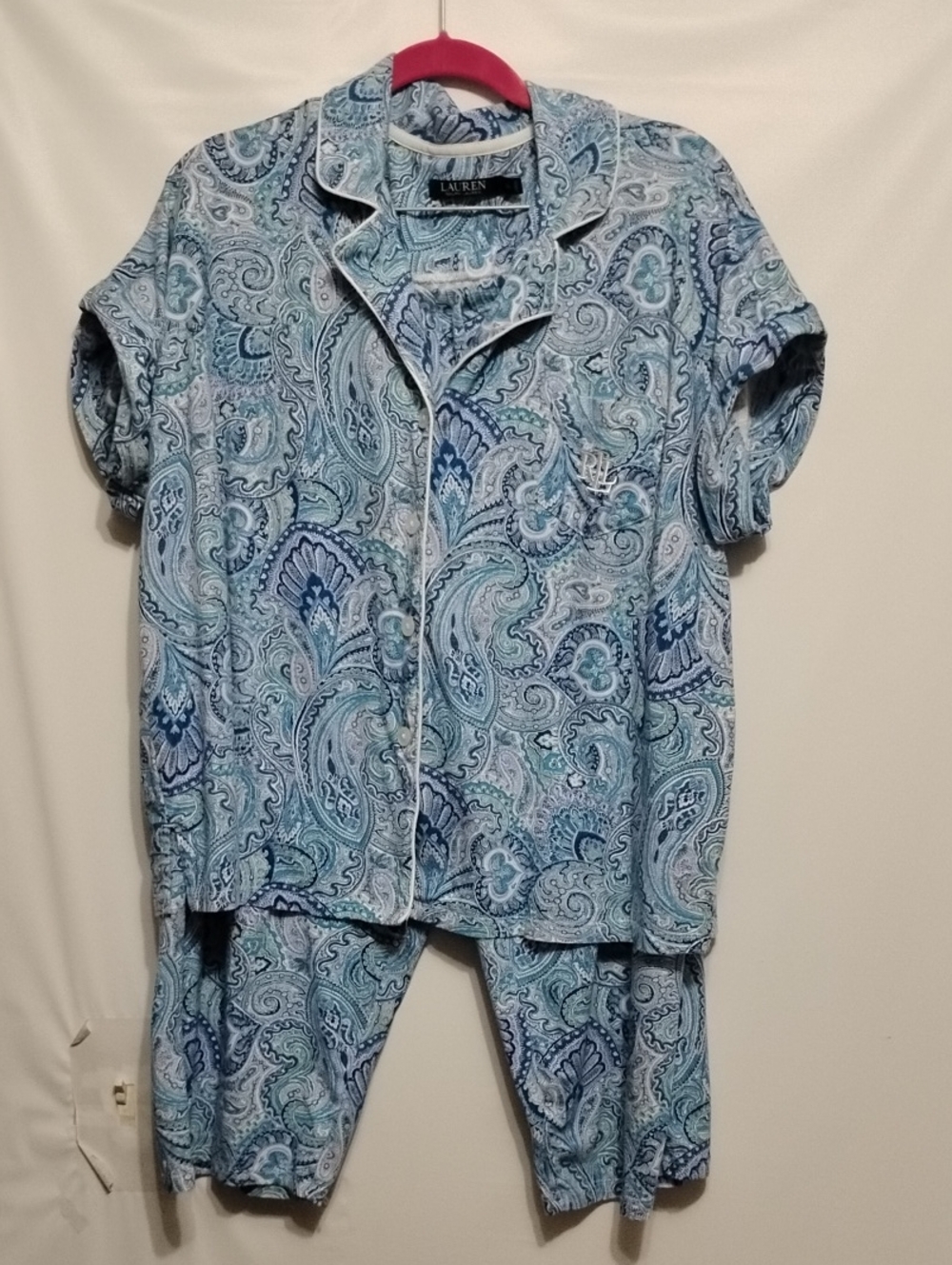 Lauren Ralph Lauren Cropped Short Cuff Light Blue  Paisley Pajama Set
